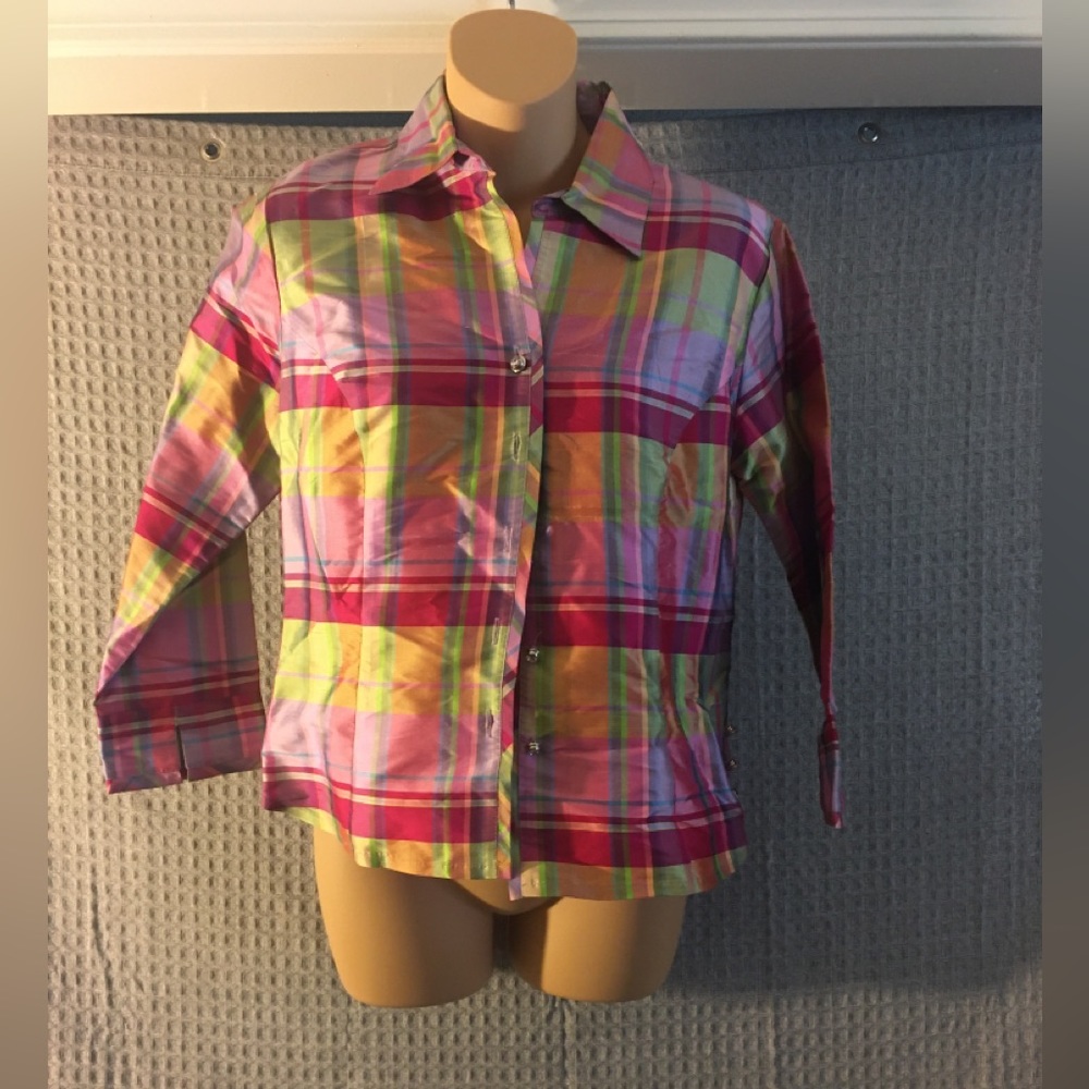The Denim Tailor Plaid Blouse with Tie 100% Silk